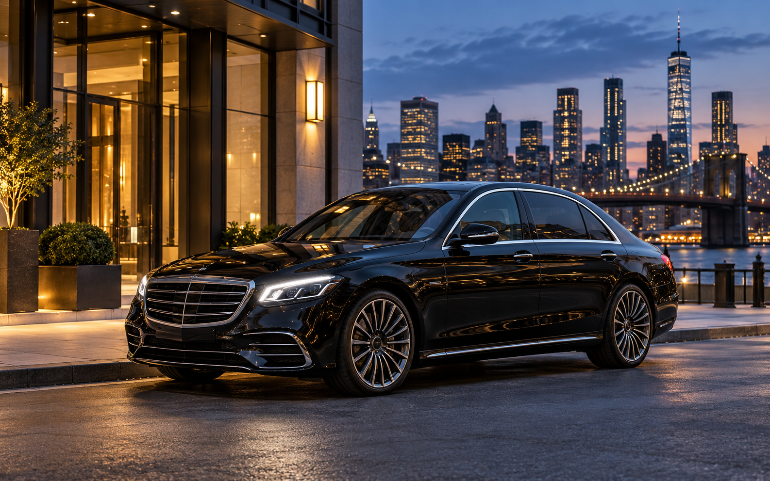 Black luxury sedan in New York at dusk